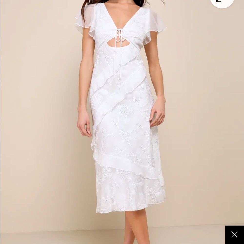 Lulu's Charming Whimsy White Eyelet Ruffled Tie-Back
Midi Dress